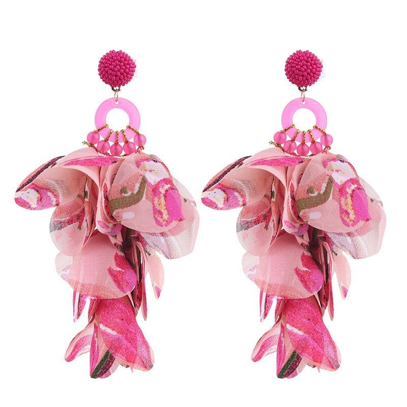 Fashionable handmade fabric floral earrings for women's exaggerated long earrings