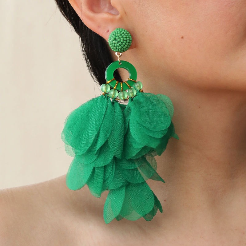Fashionable handmade fabric floral earrings for women's exaggerated long earrings